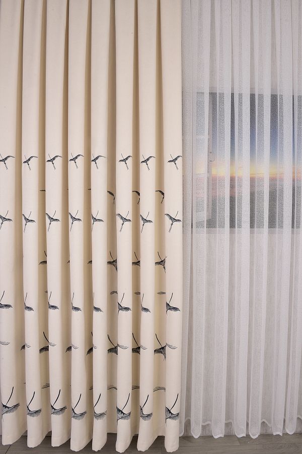 Setekshome-Phoenix Embroidered Ecru Background Curtain Drawstring Pleat Free Single Wing 1