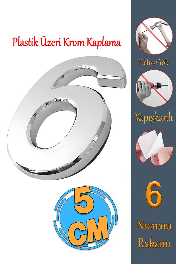 Badem10-Chrome Color 50 mm 5 cm Number Door Number - Number under Number 6, 1 Piece 1