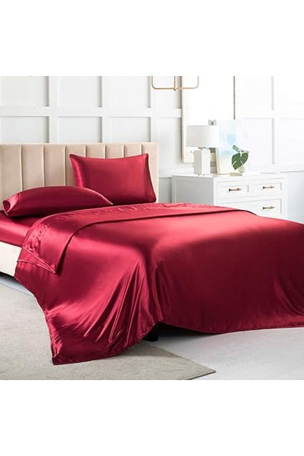 fulina-Satin Bed Sheets 4 PC King Size, Red Silk Sheet (1 Fitted Sheet,1 Flat Sheet,2 Pillowcase) 1