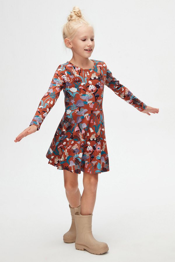 LOVETTI-Brown Girl's Forest Animals Pattern Long Sleeve Dress 1