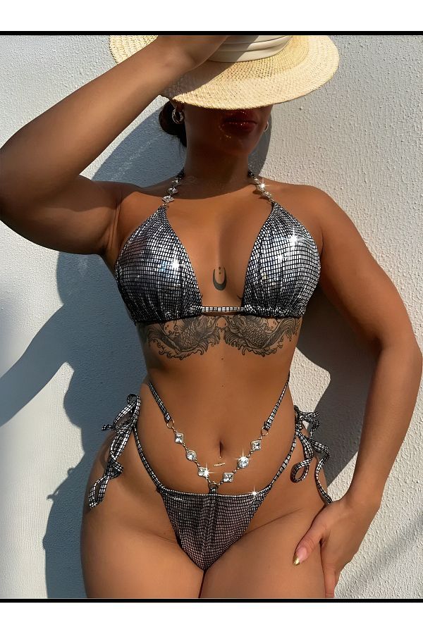 Sheinside-Set de bikini pentru femei cu piatră strălucitoare cu detaliu de lanț 1