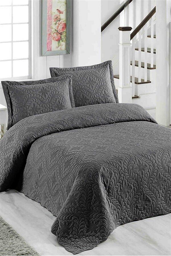 Örtüm-Ivy Single Plain Color Bedspread Set - Smoked 1
