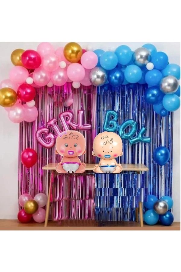 SİNDA CİNSİYET BELİRLEME PARTİ SETİ; FON PERDE FOLYO BALON, 2 ADET BEBEK FOLYO BALON VE BALON ZİNCİRİ