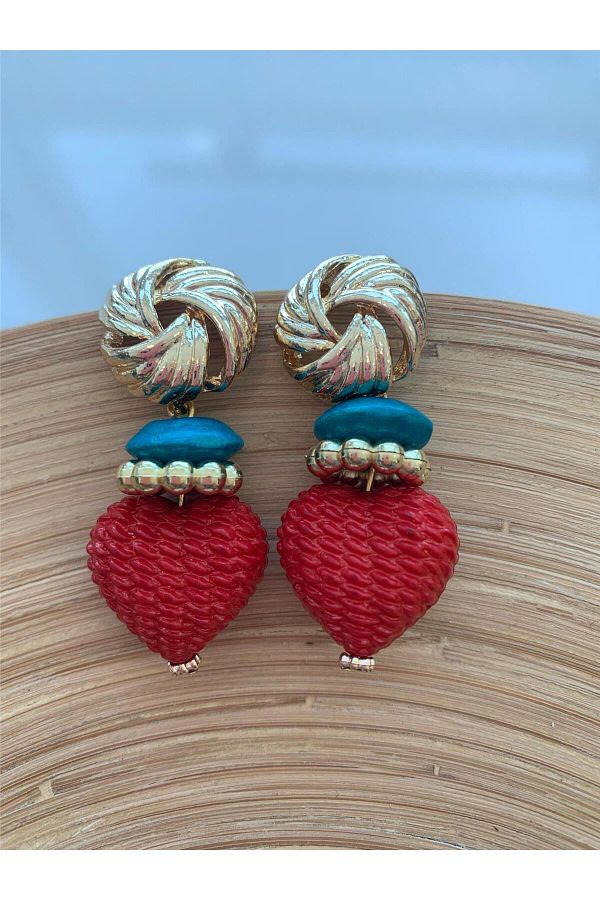 Pelin Aksesuar-Red Heart and Turquoise Design Earrings 1