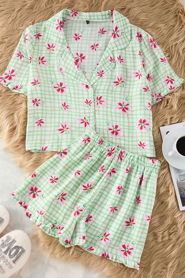 Trendyol Collection-Set pijama cu pantaloni scurți din viscoză - imprimeu floral mentă, volane THMSS23PT00167 1