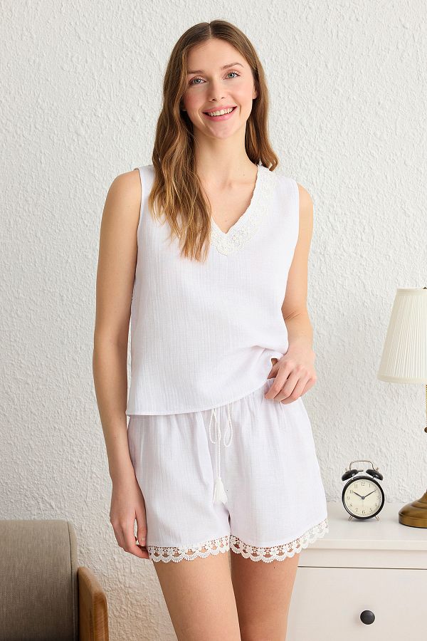 Trendyol Collection-Set pijamale alb 100% bumbac dantela Dateyl muselină țesută THMSS25PT00023 1