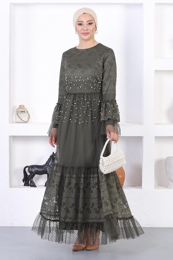 Moda Mihram-Pearl Lace Ruffle Sleeve Evening Dress 1