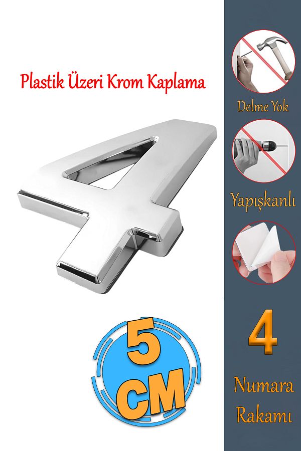 Badem10-Chrome Color 50 mm Small Size Door Numbered - 4 Figures Four Count Adhesive 1 Piece 1