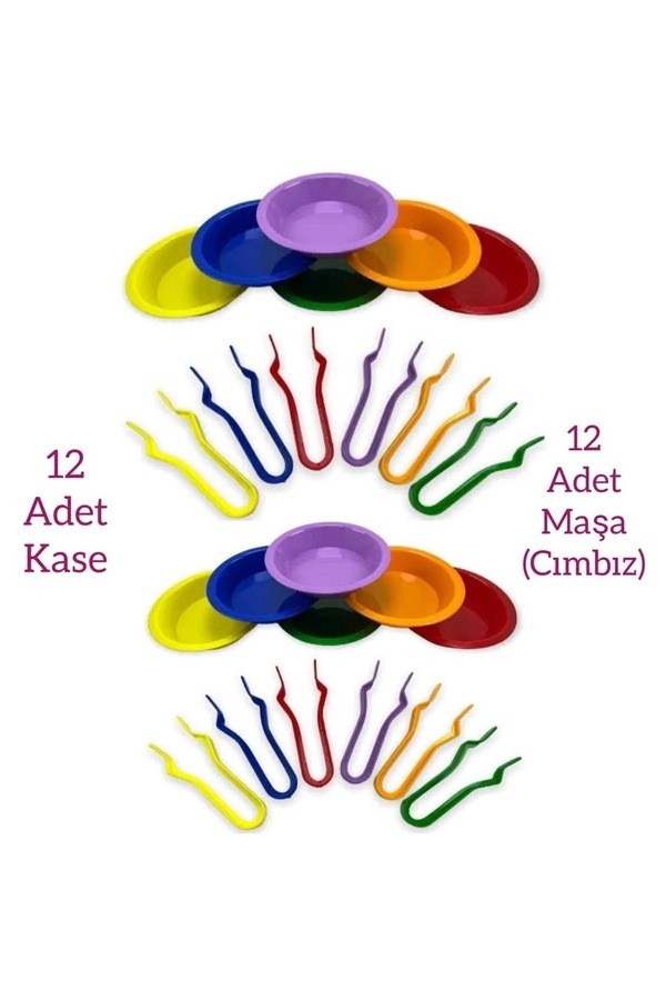 kaan oyuncak Eğitici Montessori Aktarma Seti 24 Parça, Kase Ve Cımbız Seti, Kase Ve Maşa Seti 12+12(24 Parça)