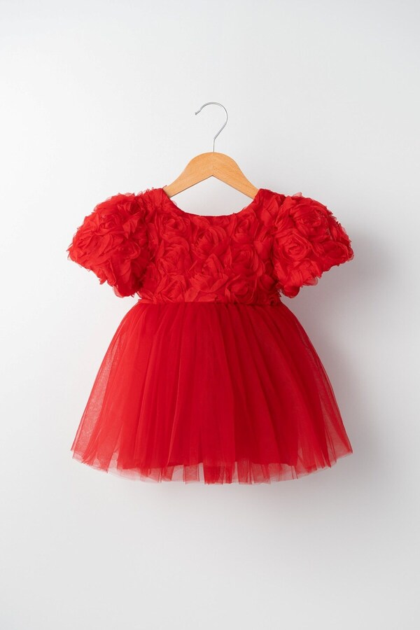 Banamio Rosalinda Kız Bebek Çocuk Pamuk Astarlı Gül Detaylı Kabarık Tüllü Tütü Elbise