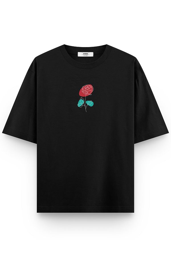 Overoz-Μαύρο μπλουζάκι Unisex Oversize Minimal Rose Printed Oversize 1336 1