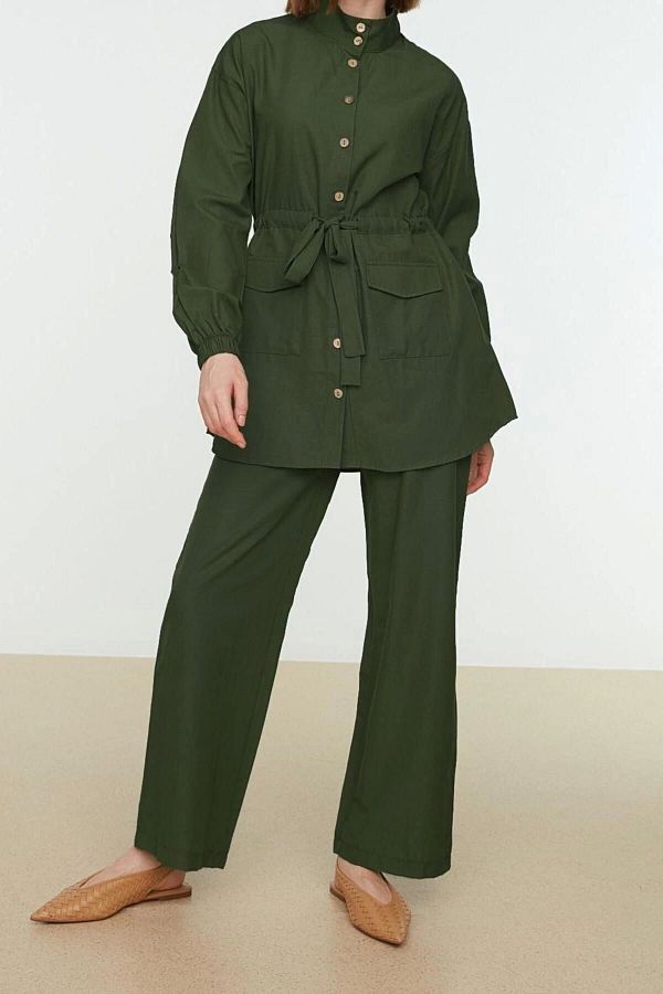 FRM-Women's Fashion Stylish Pipe Leg Regular Length Long Sleeve Stand Collar Belted Shirt-Pants Woven Suit 1