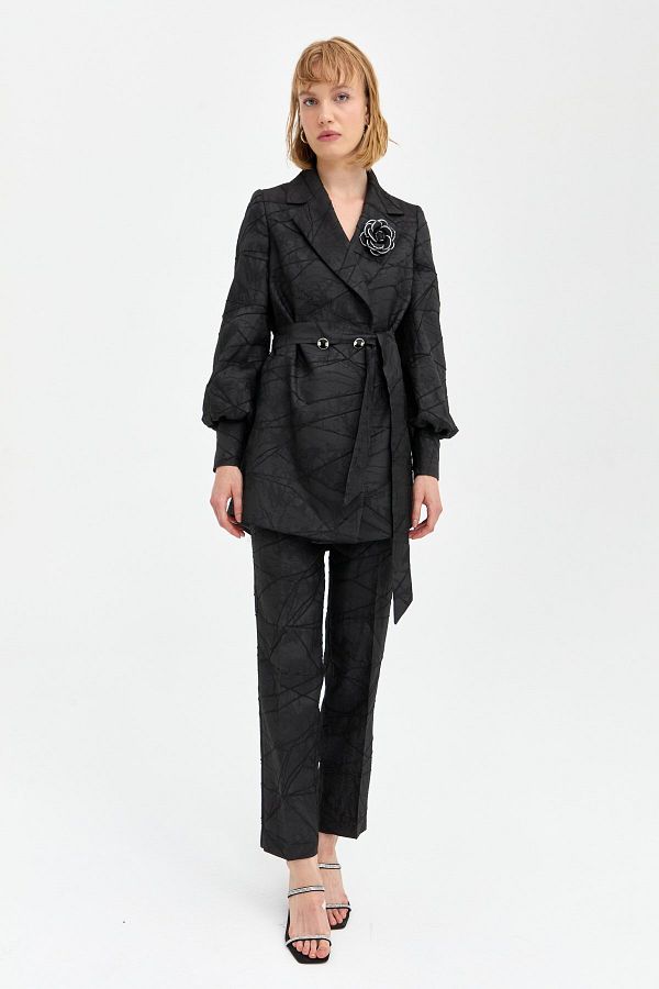 Nihan-Black Trousers with Jacquard Stone Accessories - Jacket Set 1