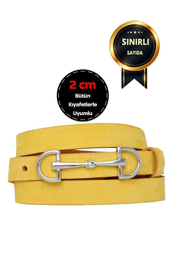 GoDeri-100% piele nubuc moale autentică, centură galbenă nubuck de 2 cm pentru femei; Rochie, Curea Pantaloni D&Silver 1