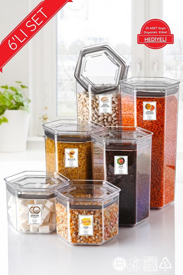 Nandy Home-Set of 6 Hexagonal Food Storage Containers with Labels and Silicone Seal 1