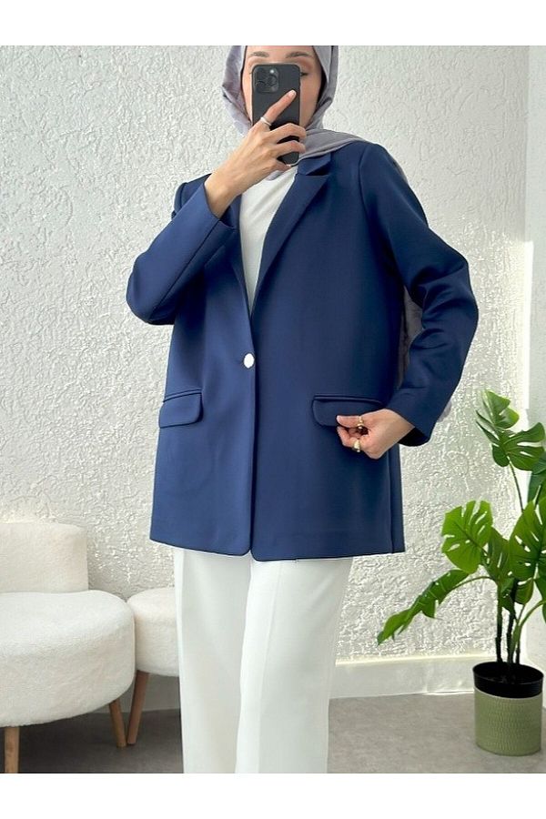Modamorfo-Single Button Jacket with Lycra Pockets - Navy 1