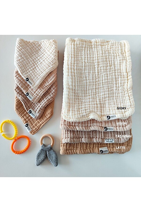 destinyhometex %100 Pamuklu 8 Kat Muslin Kumaş Üç Çıtçıtlı 4'lü Bebek Mama Önlüğü Ve Gaz Çıkarma Omuz Örtüsü Set