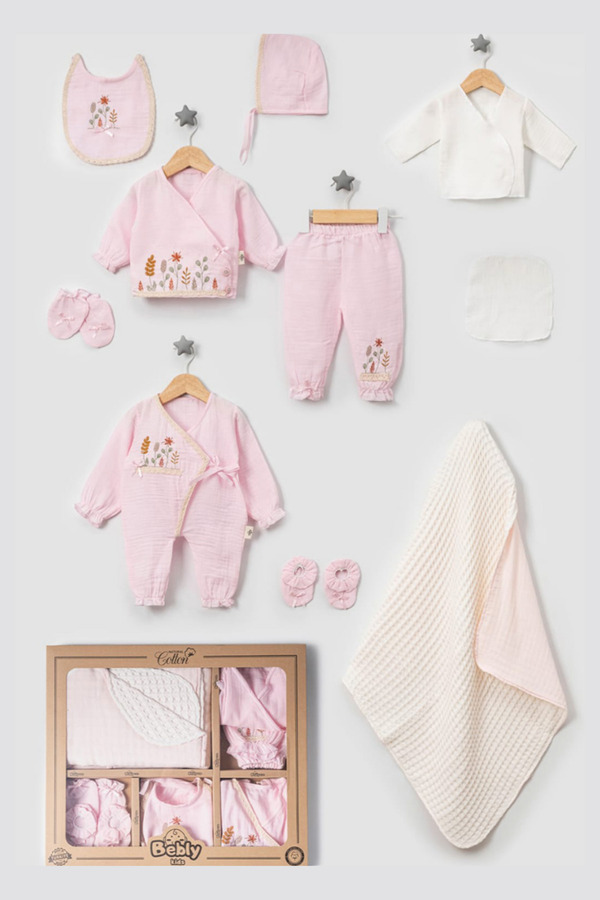 Cherub Baby Müslin Çiçekli Bebly Kız Bebek Yenidoğan 10 Parça Hastane Çıkışı Zıbın Seti