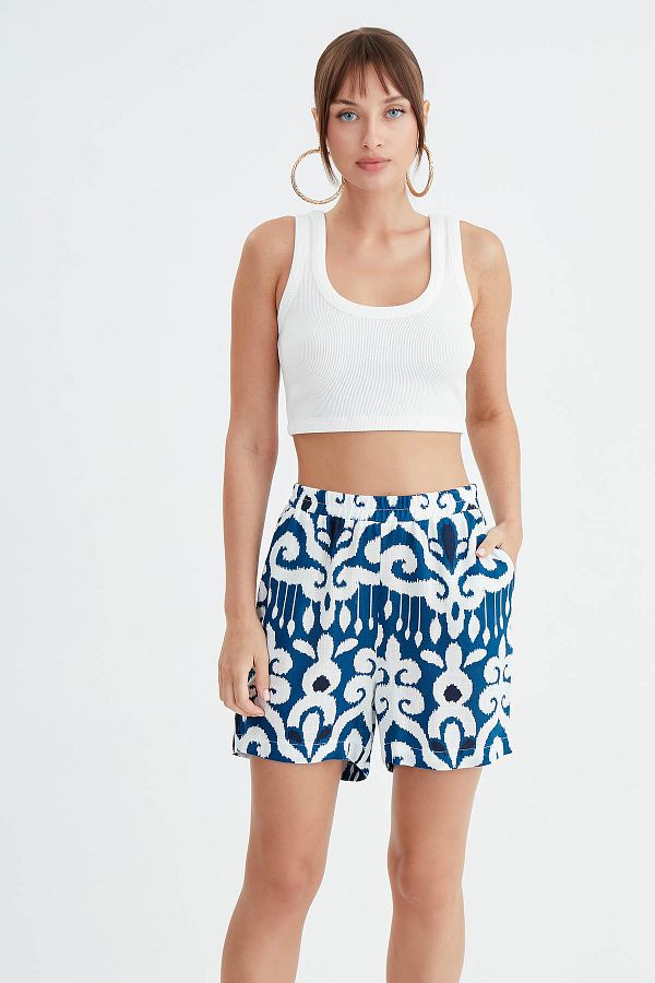 Vitrin-Patterned Elastic Waist Shorts 1