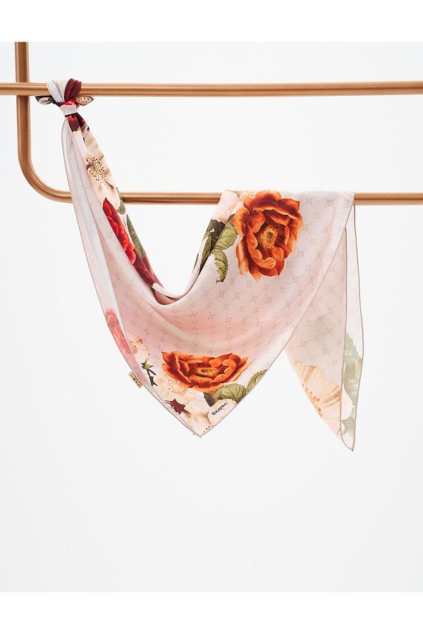 Kayra-Mildew Green Floral Patterned Monogram Scarf 1
