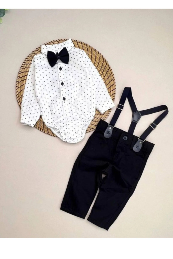 MİLANO KİDS Puantiye Zıbın Gömlekli Tarz Belden Ayarlanabilir Keten Pantolonlu Bayramlık 4lü Takım