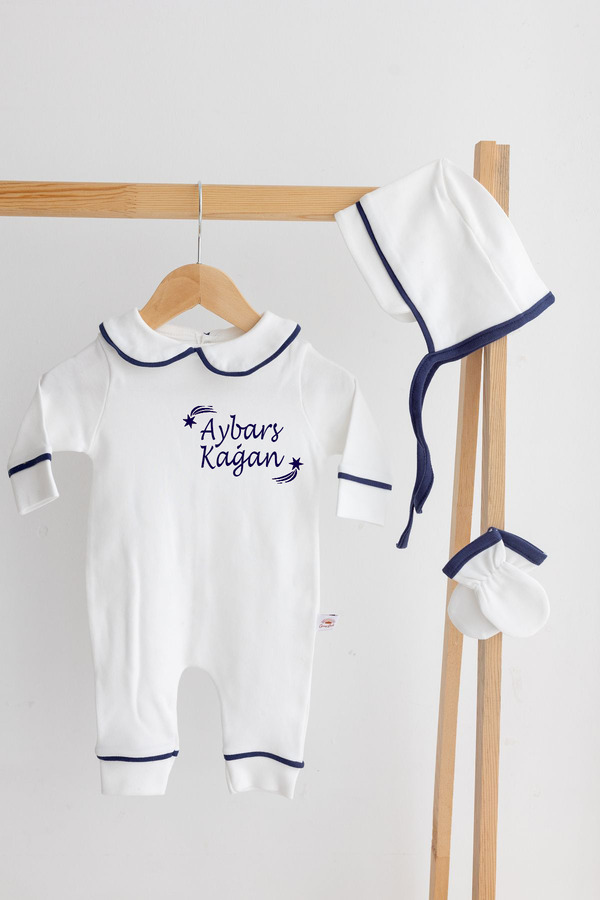 Bebe wini İsme Özel Baskılı Bonet Şapkalı 3'lü Pamuklu Tulum Seti