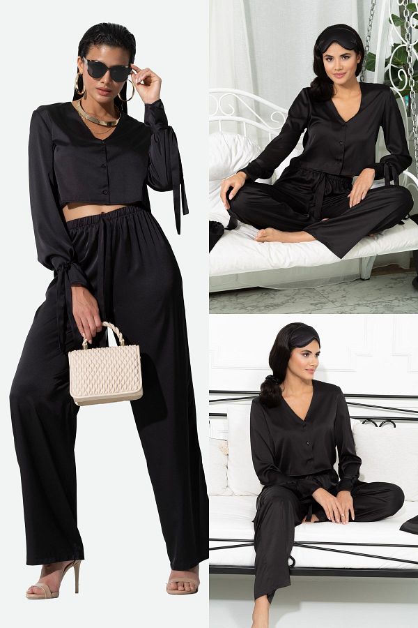 FOR YOU MODA-5-Piece Black Pajama Set with Sleeve Binding Detail Inside and Out 1
