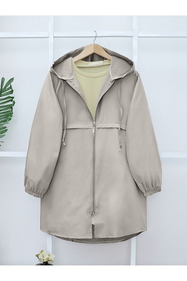 Modamorfo-Zippered Hooded Araboy Raincoat Trench Coat -Stone 1