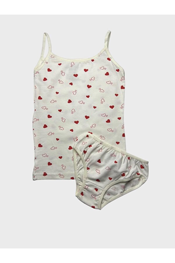 elmas kids Kız çocuk %100 Pamuklu Beyaz Kalpli İnce Atlet Slip Külot Takımı