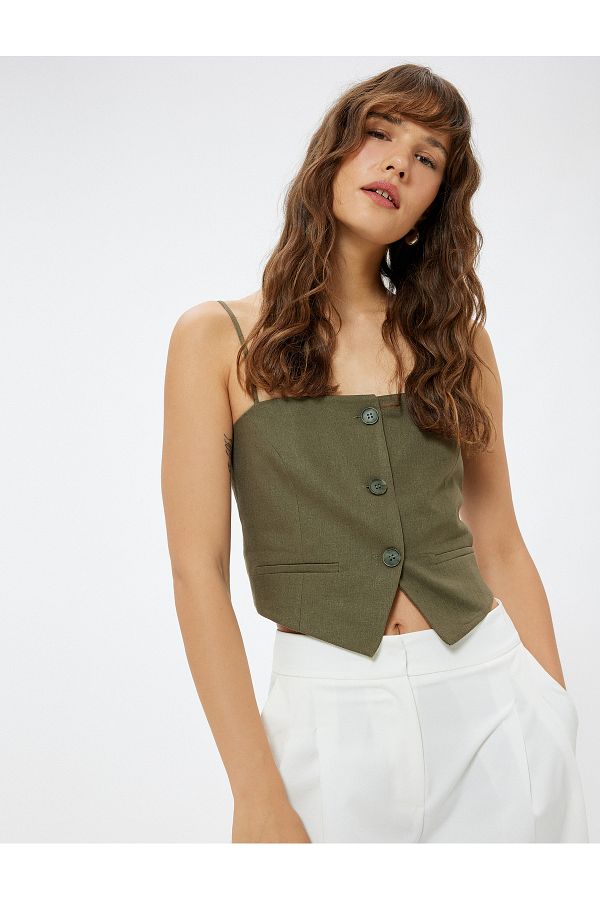 Koton-Asymmetrical Linen Crop Vest - With Straps and Buttons 1