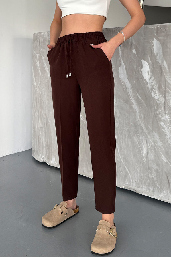 COMBİNE MİCHAİL-Women's Lycra Drawstring Elastic Waist Coffee Palazzo Pants 1