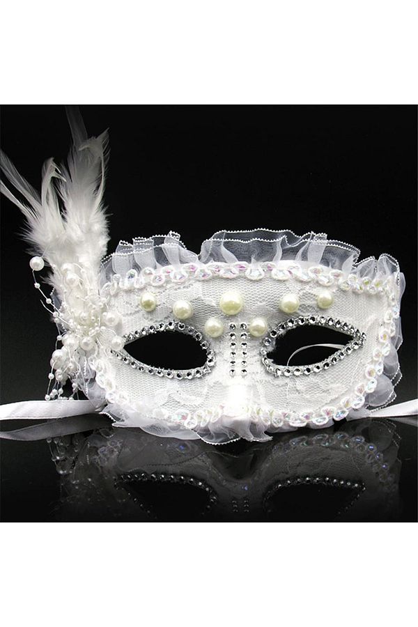 ReilaToys-17x12 cm White Pearl Embroidered Jewelled Lace Party Mask 1