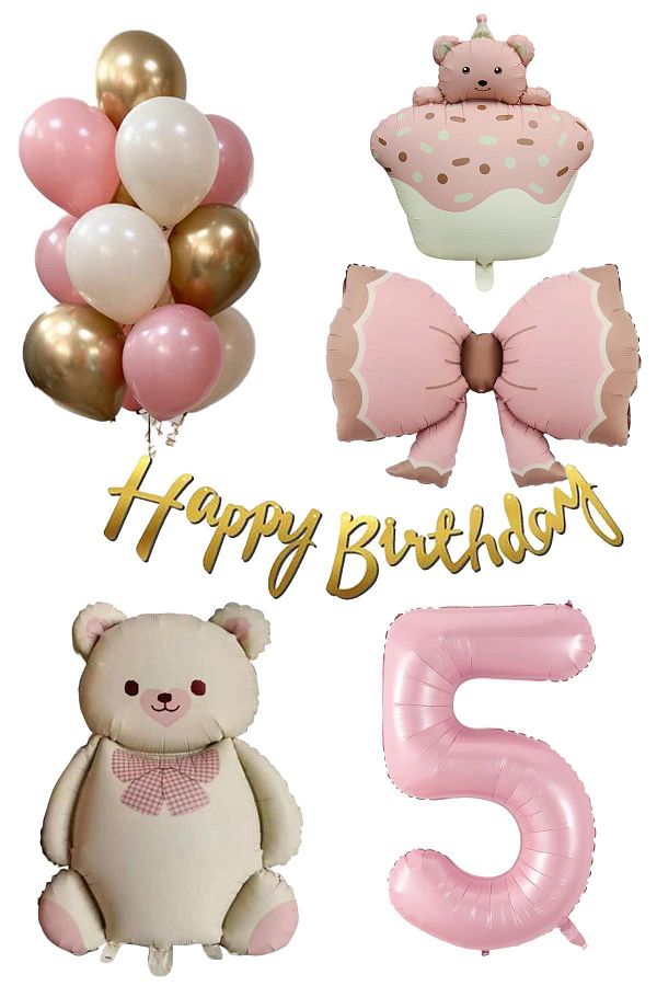 Patladı Gitti-Retro 5 Year Old Teddy Bear Themed Baby Girl Concept Birthday Set 1