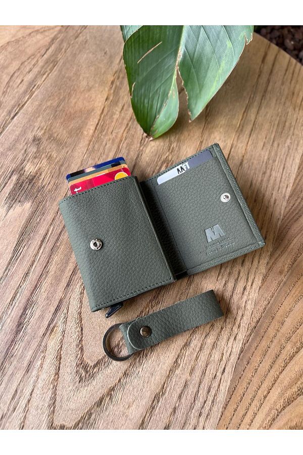 Deriza-Unisex Retro 2660 Genuine Leather Mechanism Wallet - Matte Khaki 1