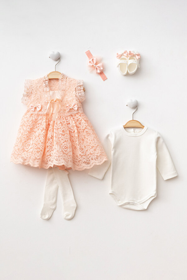 Petite Ponpon Baby Yeni Model Kız Bebek0-6Ay Yenidoğan Elbise 6'Lı Mevlütlük Set Bolerolu Fransız Dantelli Elbise mt334