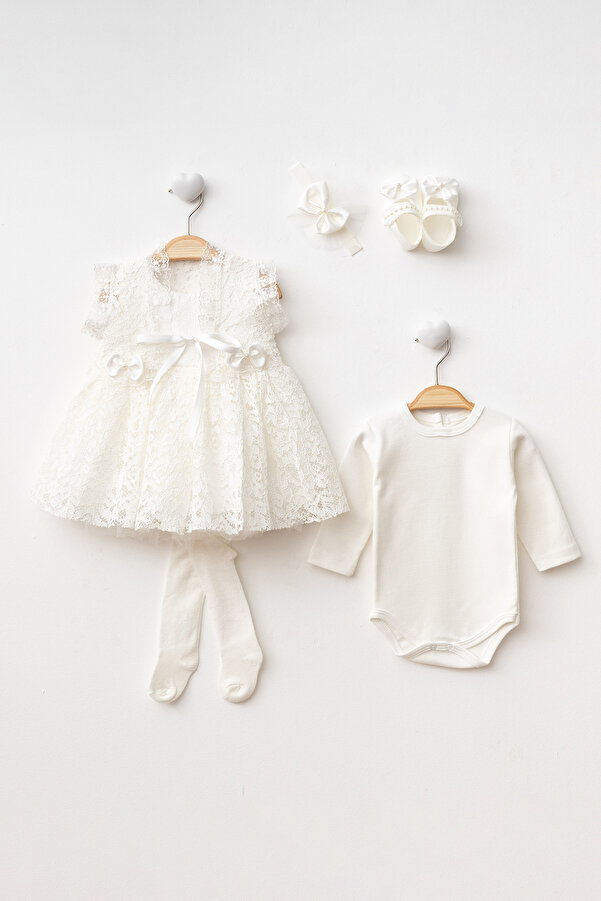 Petite Ponpon Baby Kız Bebek0-6ay Yenidoğan Elbise 6'lı Mevlütlük Set Bolerolu Fransızdantelli Elbise Beyaz Gelinlik