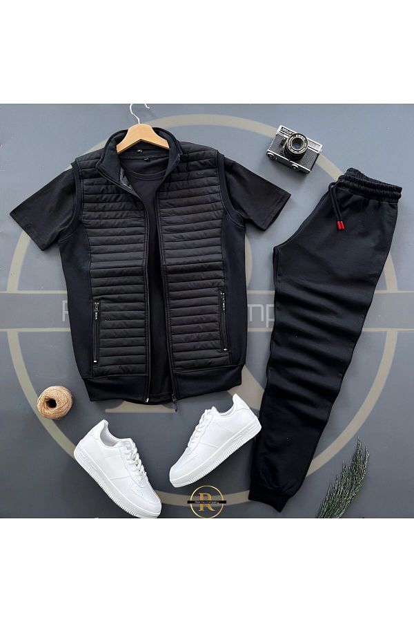 Risil-Nu Company-Vestă și pantaloni de trening matlasați negru - Set de tricou din 3 piese 1