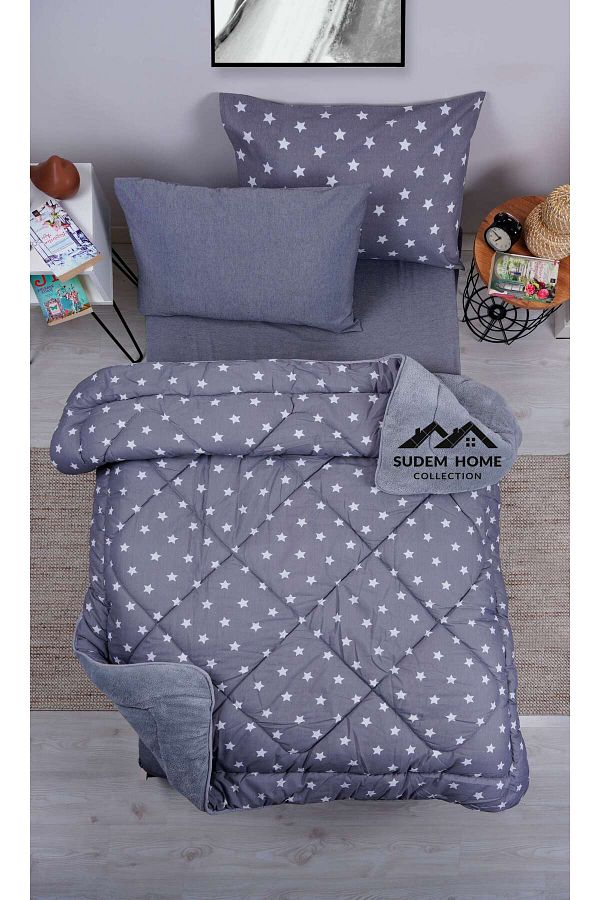 Sudemhome-Single Double Sided Welsoft Fluffy Soft Sleeping Set Anthracite Star (with Elastic Sheets) 1