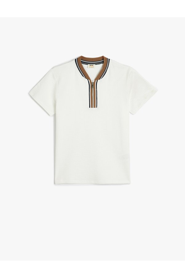 Koton T-Shirt with Crew Neck, Half Zipper, Short Sleeves, Stripe Detail, Cotton