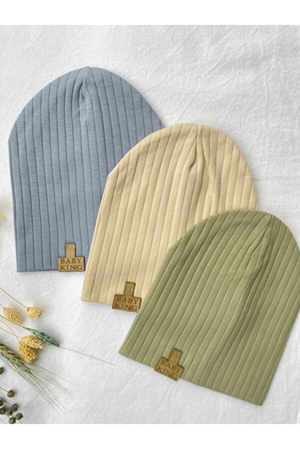 MASALBABY 3'lü Organik Pamuk Penye Bebek Şapka Bere Takım (Ağız mendili hediye) Mavi Yeşil Bej Renk