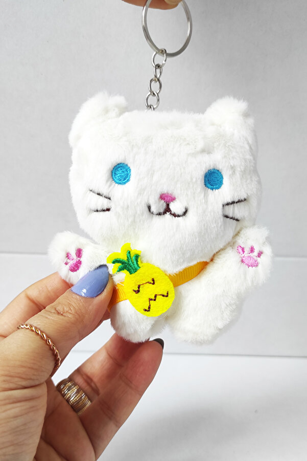 dudu kids Kraft Kutulu Peluş Beyaz MavişKedi Anahtarlık -10 Cm - Oyuncak - Çanta Süsü - Doğum Günü Hediyesi