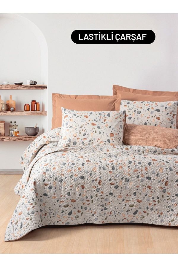 ŞENER HOME-Cotton Box Minimal Double Sheet Elastic Complete Set Onyx Caramel 1