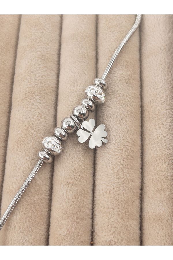 Siya Silver Imported Clover Charm Steel Bracelet with