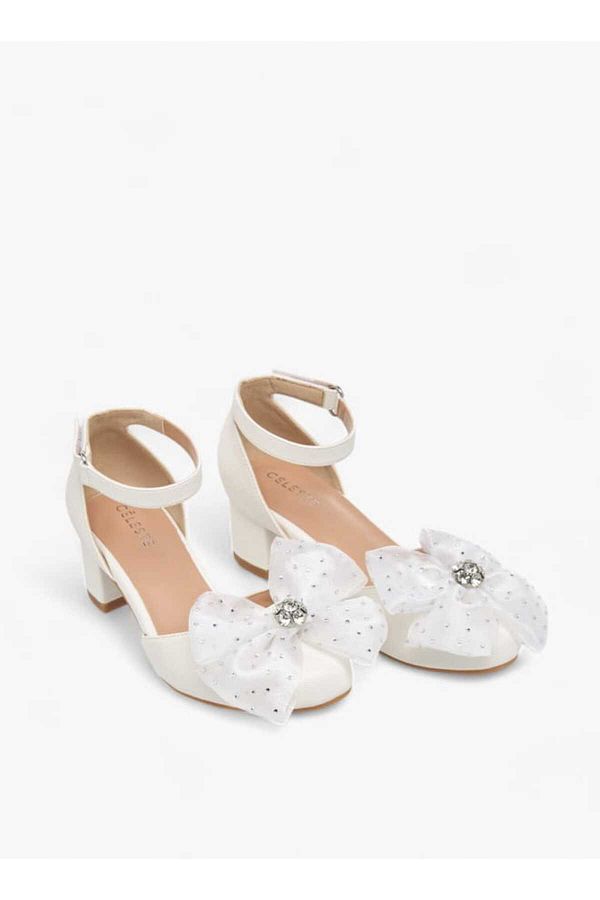 Celeste-Girls' Flower Applique Block Heel Shoes with Hook and Loop Closure 1