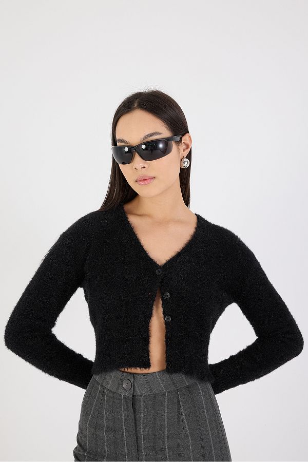 Addax-Soft Textured Buttoned Crop Cardigan H3339-A2 1