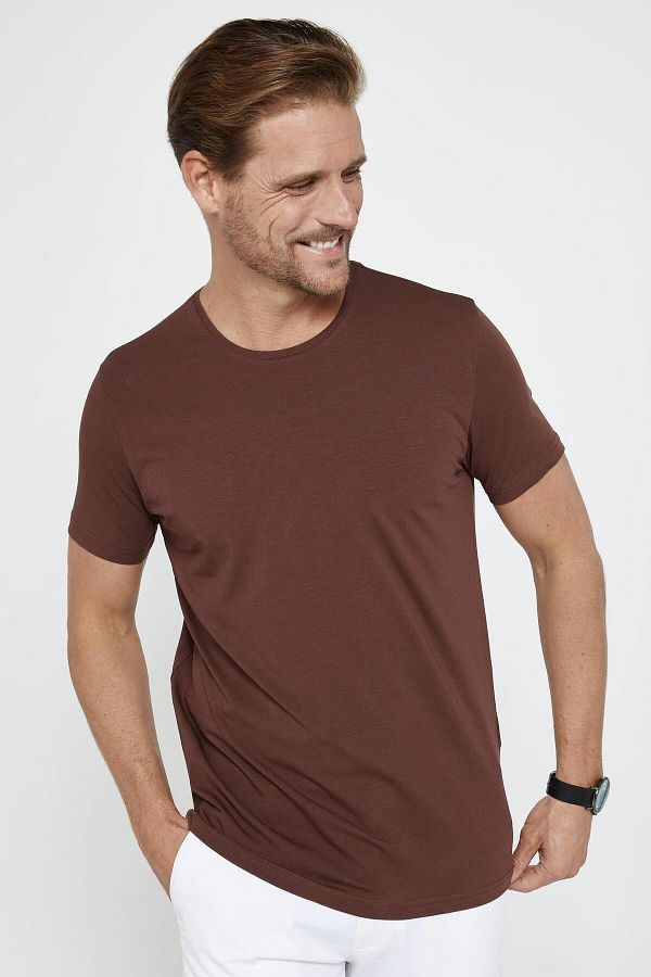 Tudors-Men's Slim Fit Slim Fit Cotton Soft Texture Stretchy Fabric Plain Basic Brown Crew Neck T-Shirt 1