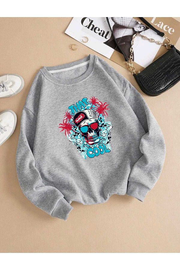 BU Wear-Gray Oversize Sweatshirt - Crew Neck, Figure Pattern Printed, Thick Winter 1