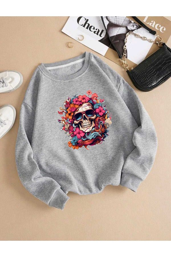 BU Wear-Gray Oversize Sweatshirt - Crew Neck, Figure Pattern Printed, Thick Winter 1