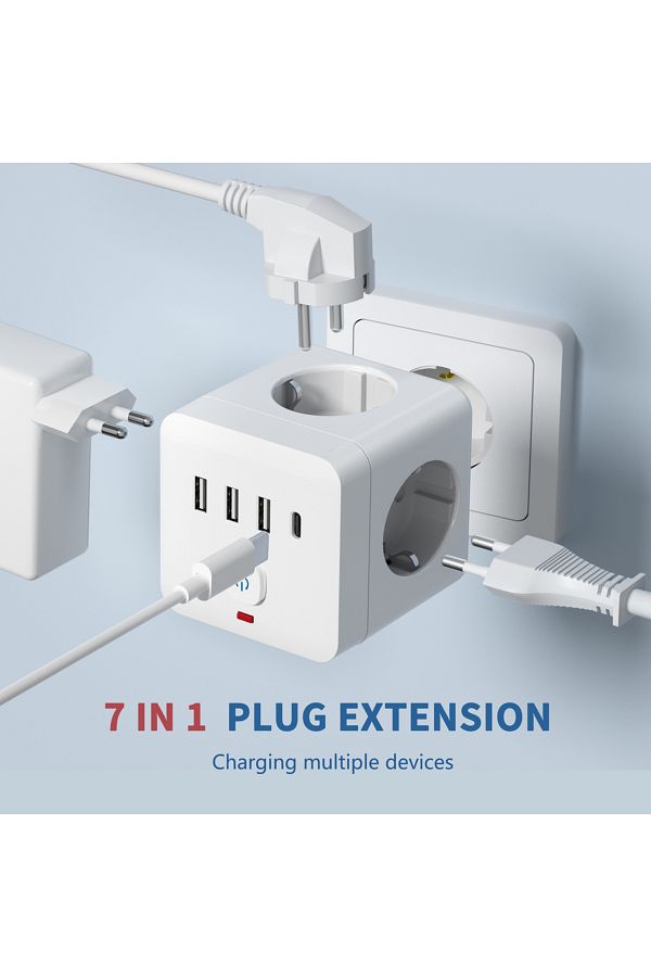 Choice-Eu Plug White 7-in-1 Eu Power Strip, Power Strip Surge Protector 3 Ac Outlets 3 Usb 1 Type-c, Deskto 1