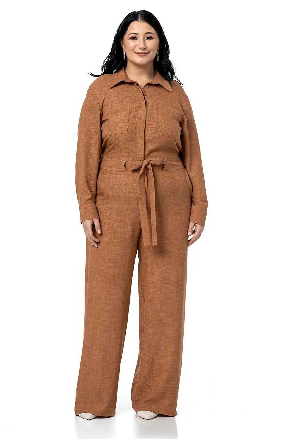 DISENTIS MODEST-Large Size Wide Leg Cinnamon Jumpsuit with Tunnel Waist and Elastic Back 1